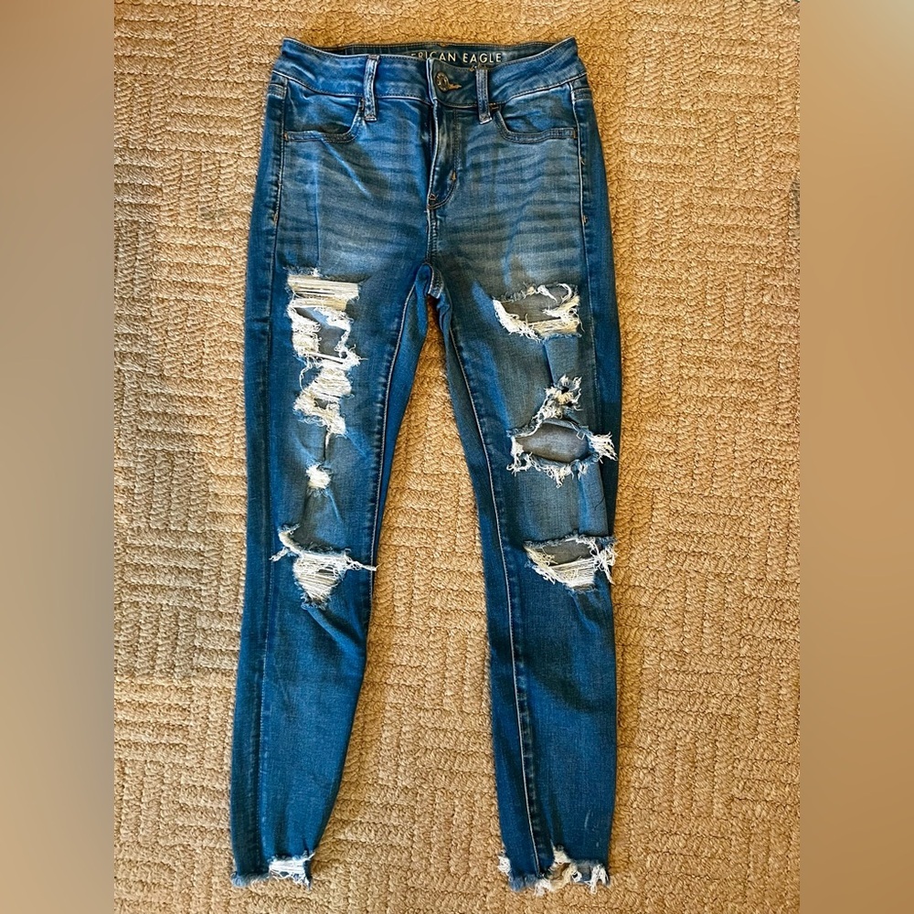 American Eagle Next Level Stretch Distressed Skinny Jeans - Blue